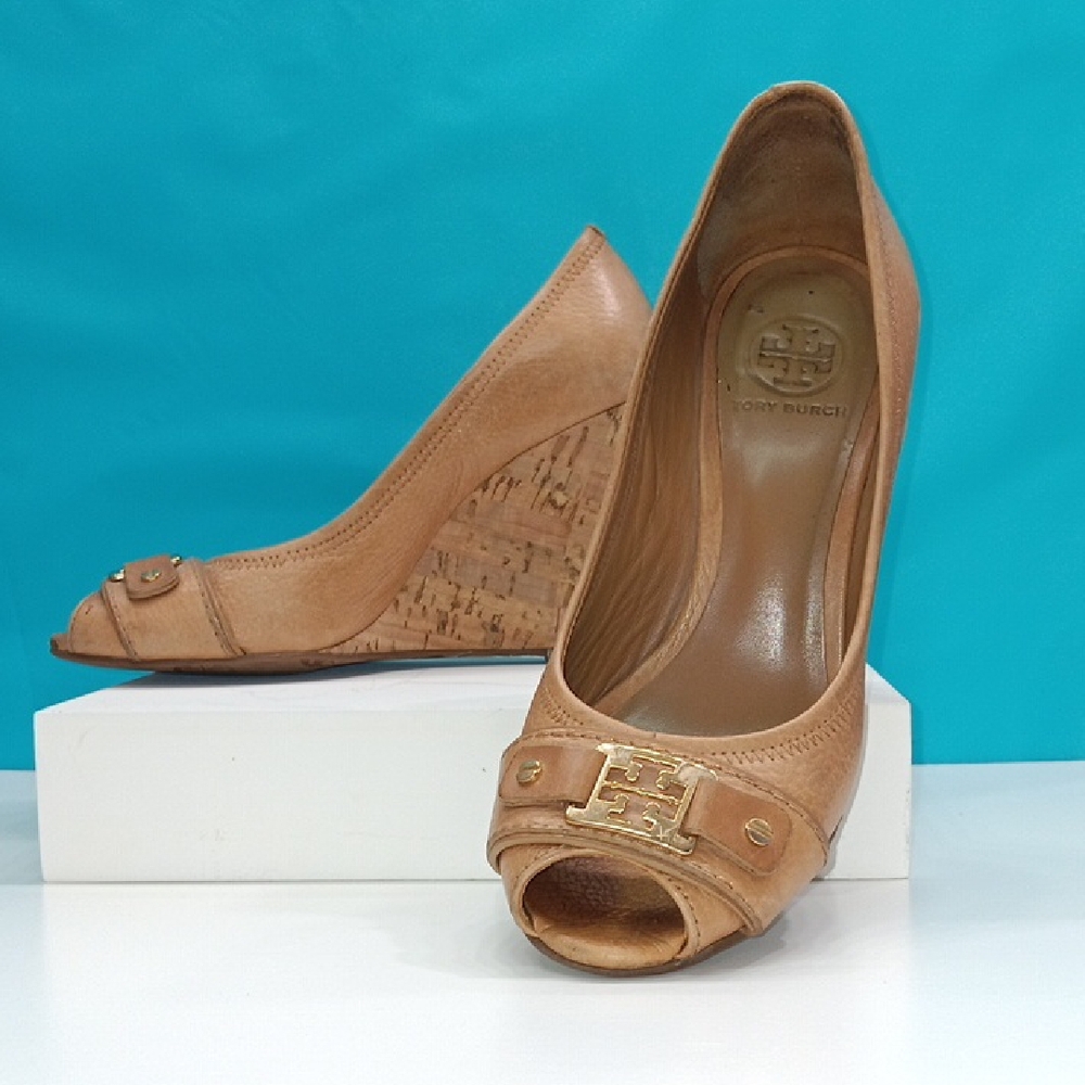 Tory Burch Camel Leather Cork Wedge Peep-Toe with Gold Logo Size 7